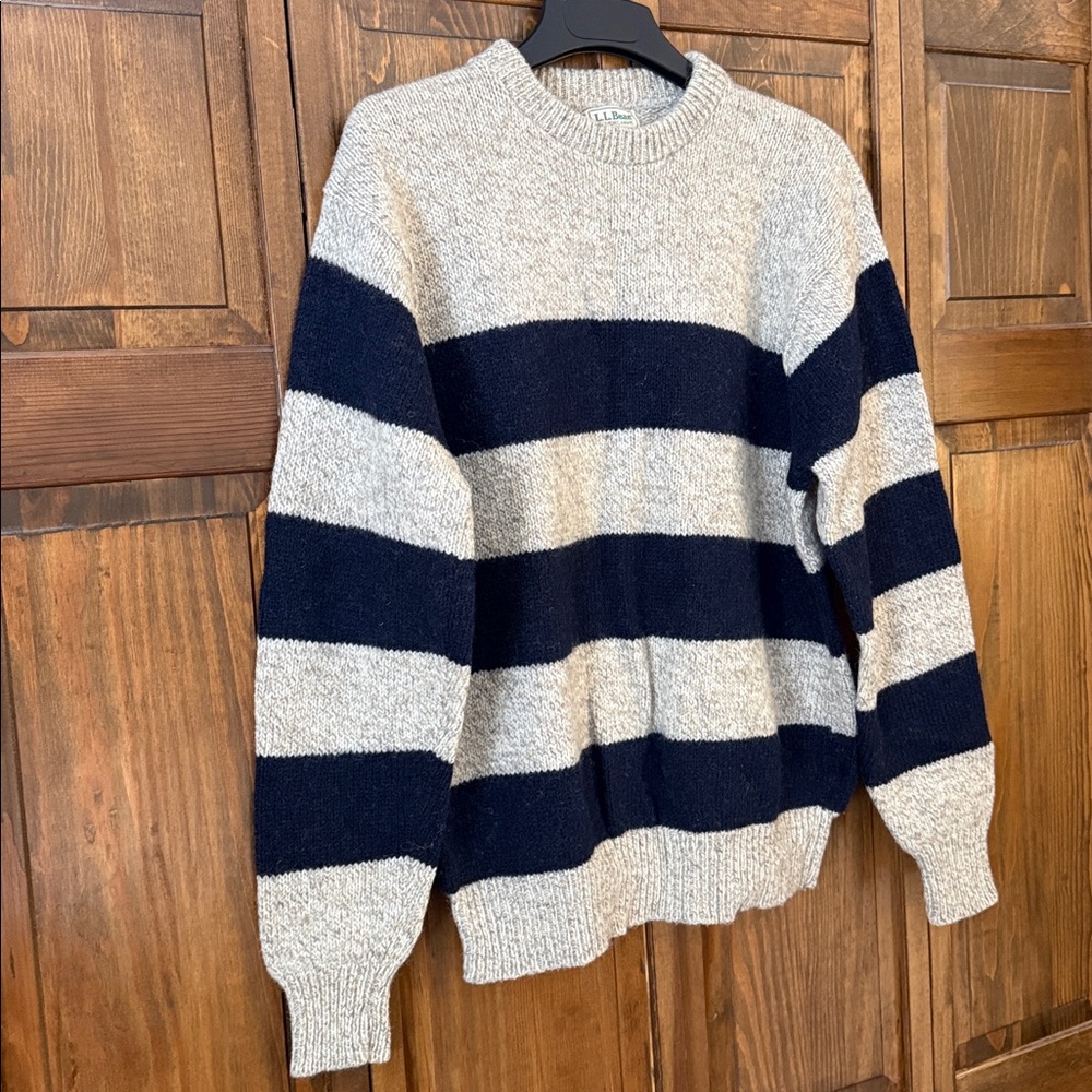 L.L. Bean True Vintage 80’s Ragg Wool Rugby Stripe Sweater Tan Navy Men’s XL - Picture 7 of 13